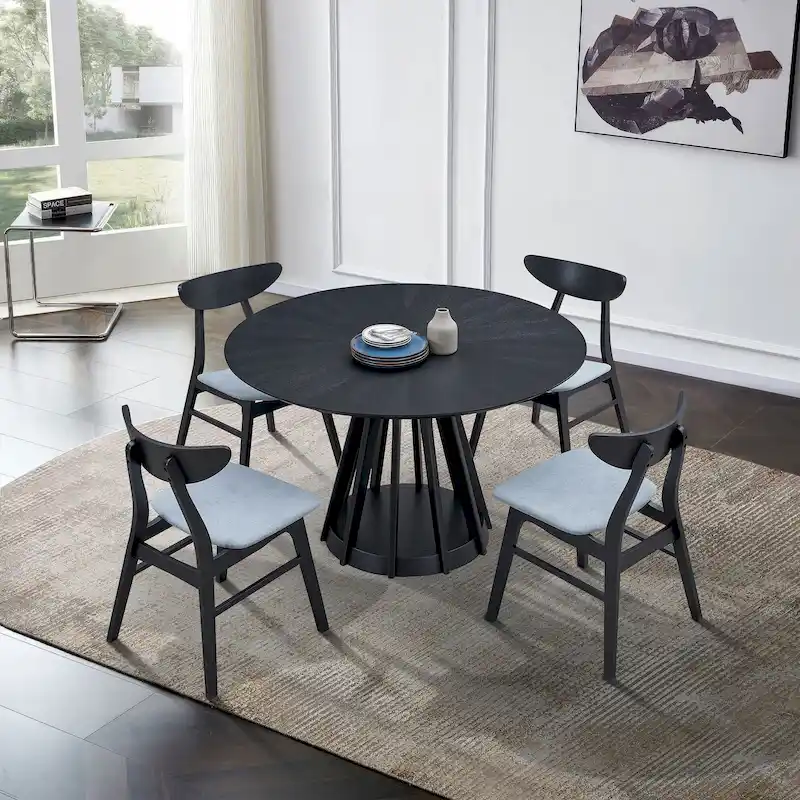 5 Pcs Solid Wood Dining Table Set, Round Kitchen Furniture Set with Wooden Pedestal Kitchen Table and 4 Upholstered Chairs