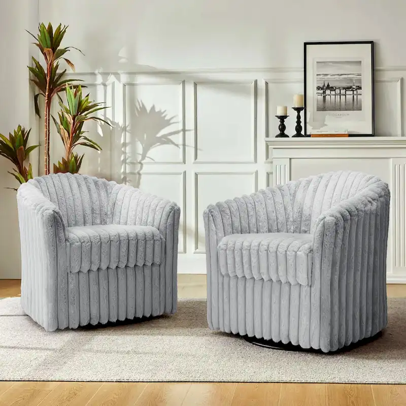Faux Rabbit Fur Accent Chair 360-degree Swivel Barrel Chairs Set of 2