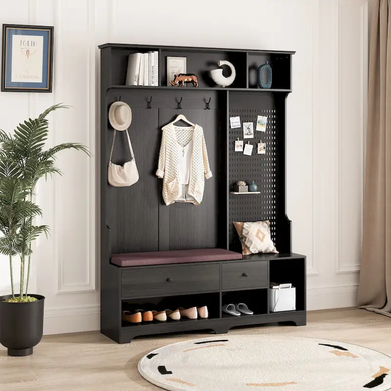 Multi-purpose Hallway Hall Tree with Removable Linen Cushioned Entryway Bench, Coat Rack, Storage Shelves, and DIY Pegboard