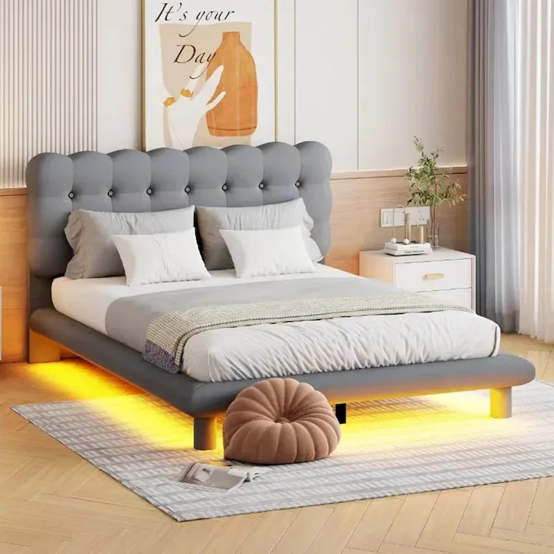 Velvet Upholstered Platform Bed Frame with LED Light & Biscuit Headboard