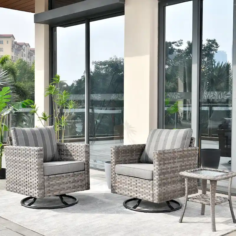 OVIOS Patio Wicker Swivel Rocking Chair 3-piece Set with Side Table