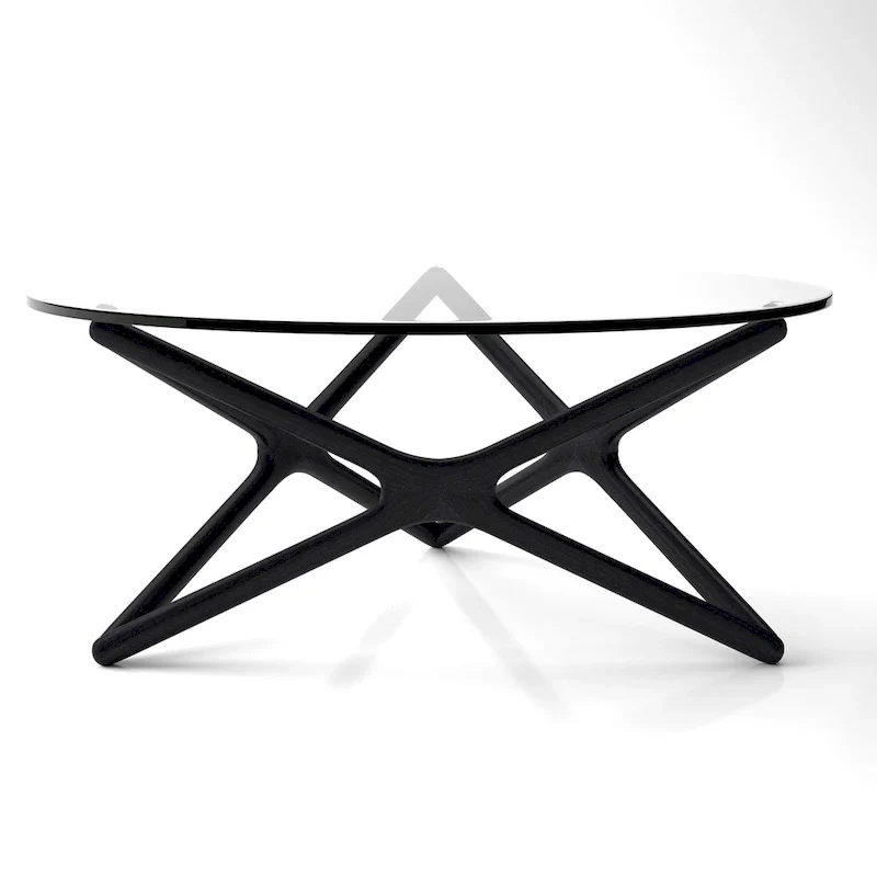 Coffee Table - 39.5 Tempered Glass Top, American Ash Wood, 6-Point Cross Base, Modern Design