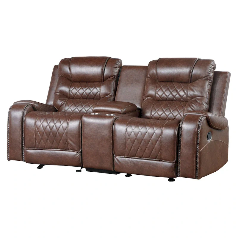Paul 78 Inch Manual Recliner Loveseat, Cupholder Console Brown Faux Leather