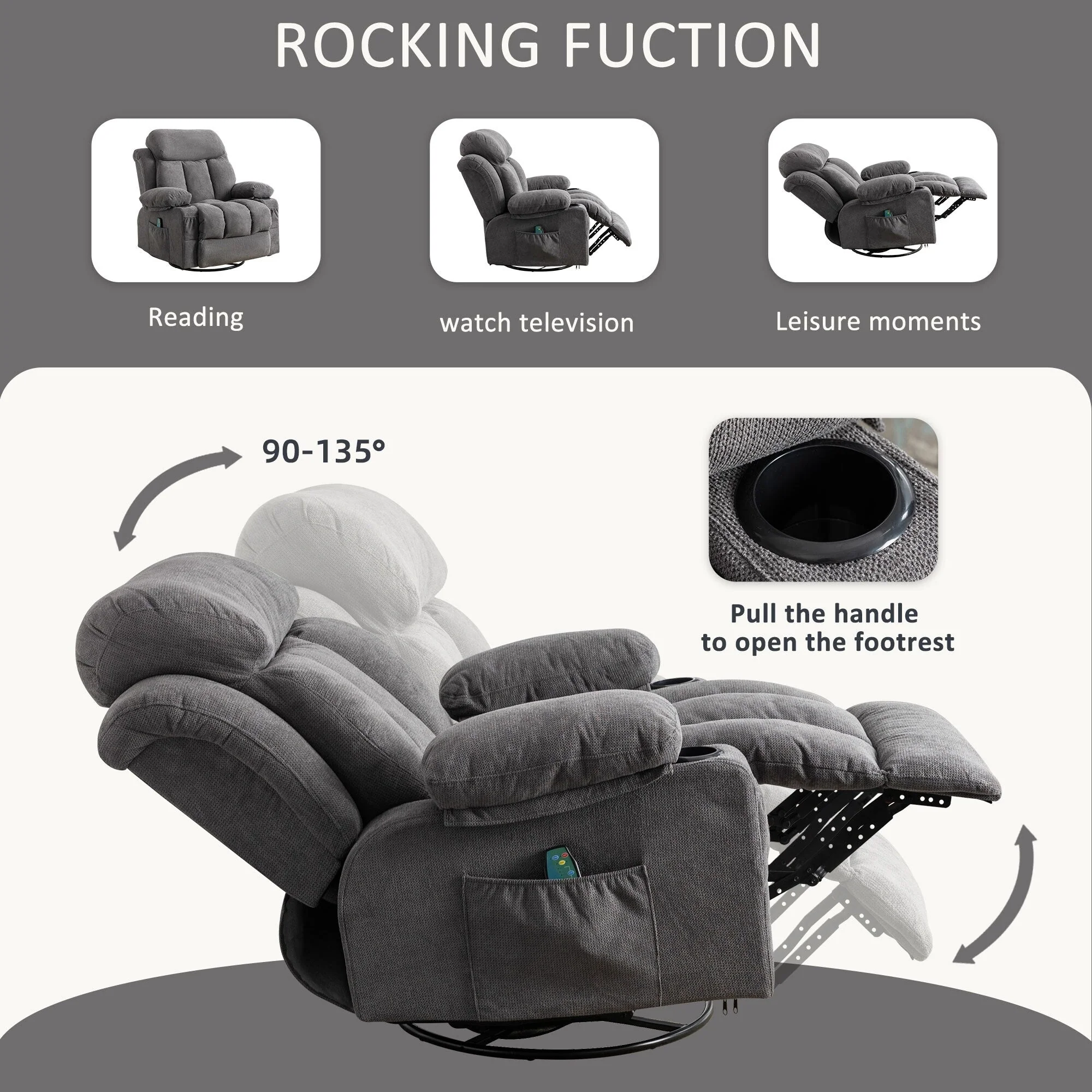 360° Swivel Recliner Chair with Massage, Heat, USB, and Cup Holders