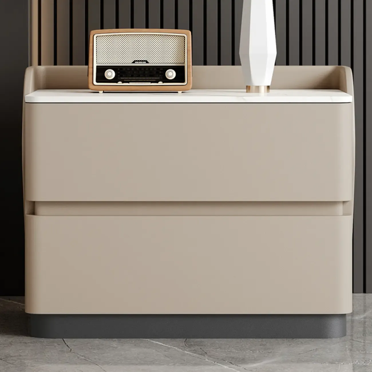 Art Deco Stone Top Nightstand with 2 Storage Drawers