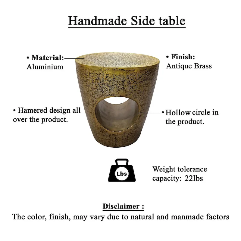 Nala 17 Inch Side End Table, Tapered Drum Shape with Unique Hollow Center, Antique Brass Aluminum