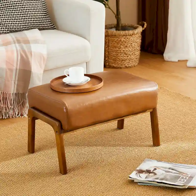 Glitzhome 24.5W Leatherette Accent Stool With Walnut Rubberwood Legs