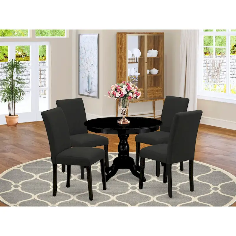 East West Furniture 5 Piece Dinette Set- a Round Dining Table and 4 Parson Dining Chairs, (Finish & Upholstered Option)