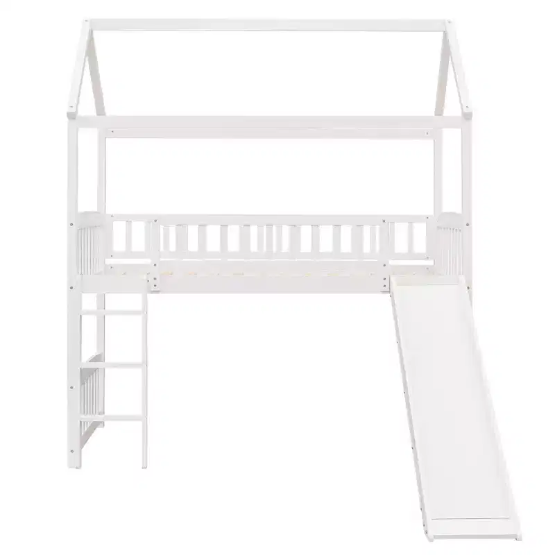 Twin House Loft Bed with Slide, Wood Playhouse Loft Bed Frame with Ladder and Roof