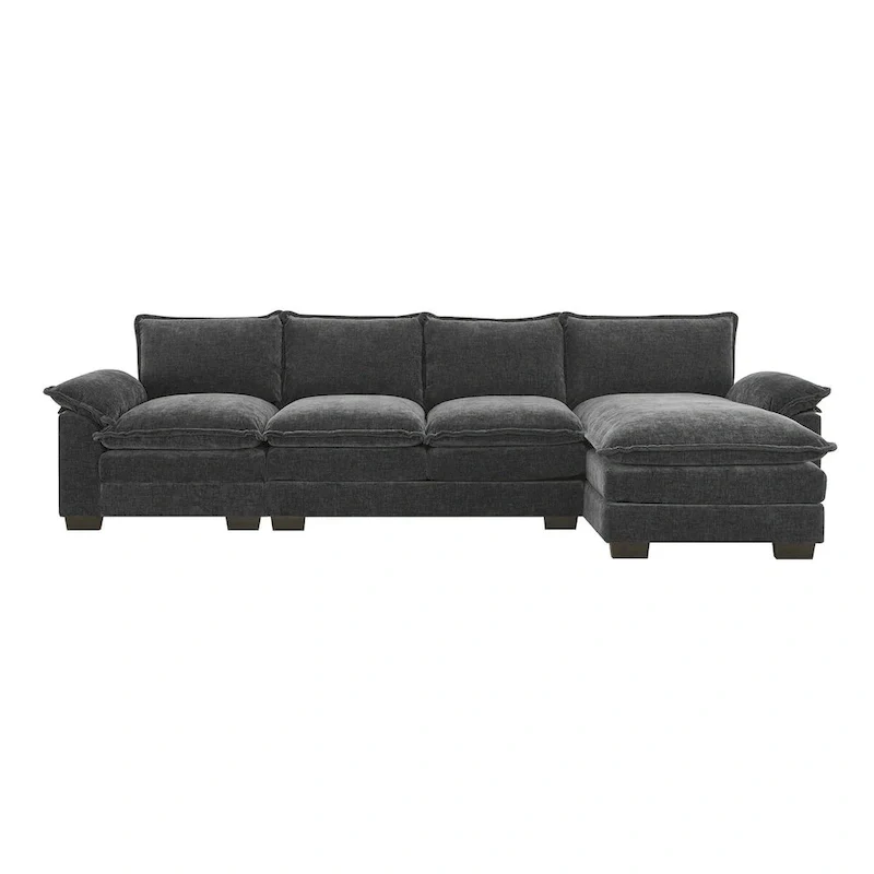 118*55 L-shaped Chenille Cloud Sofa with Double Seat Cushions, 5-seat Upholstered Sleeper Sofa Couch with Chaise Lounge