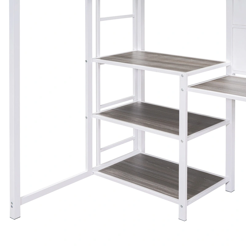 Metal Loft Bed with 3 Shelves and Ladder