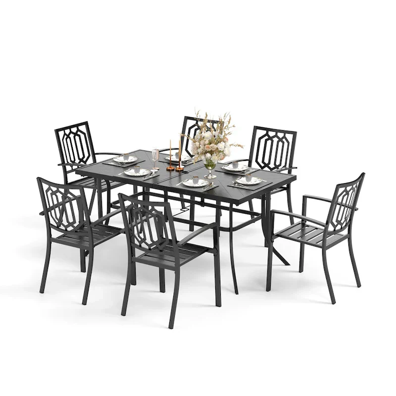 MAISON ARTS Patio Dining Set 7 Piece Metal Rectangle Patio Table with 2.6  Umbrella Hole and 6 Metal Dining Chairs, Black