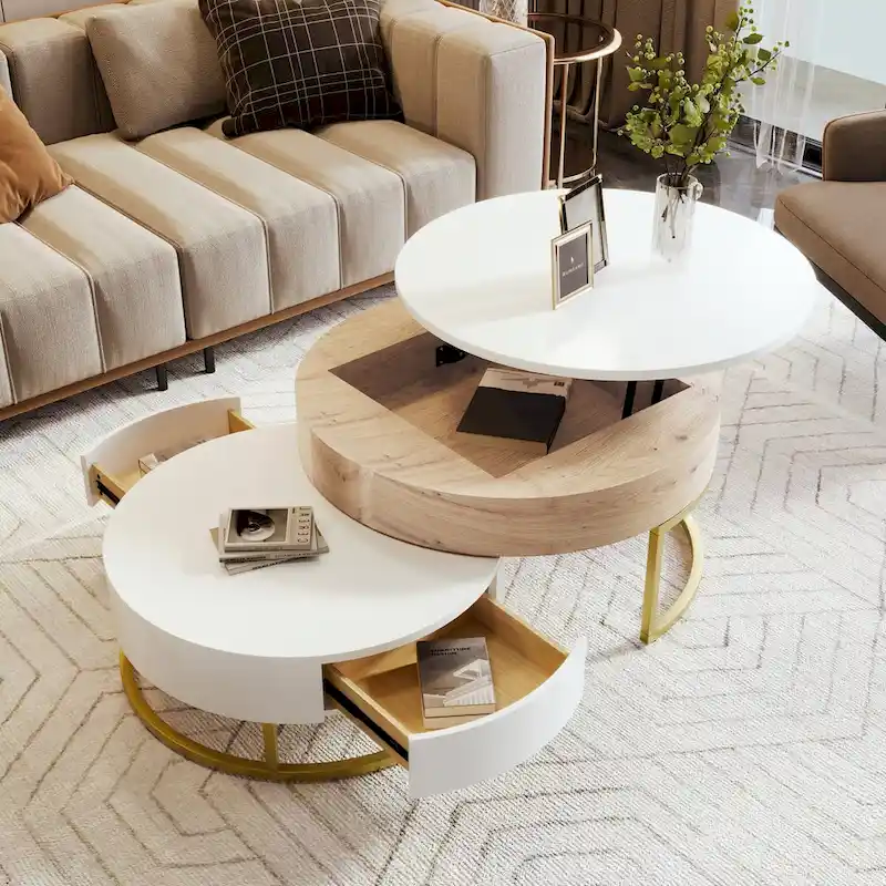 Modern Round Lift-top Nesting Coffee Tables with 2 Drawers White & Black