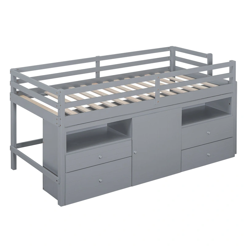 Gray Twin Solid Wood Loft Bed with Drawers & Cabinet