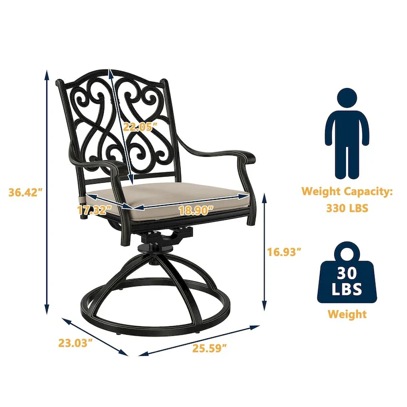 Patio Cast Alum Carved Swivel Dining Chairs with Cushions(Set of 2)