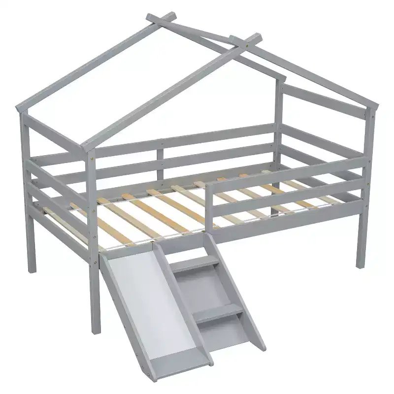 Whisen 81.7L x 67.6W Twin Low Loft House Bed with Slide, Ladder, Safety Guardrails, House Roof Frame