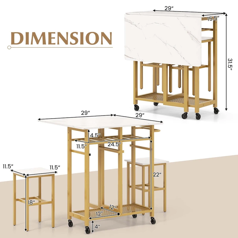 Costway 3 PCS Rolling Dining Table Set Extendable Kitchen Table 2