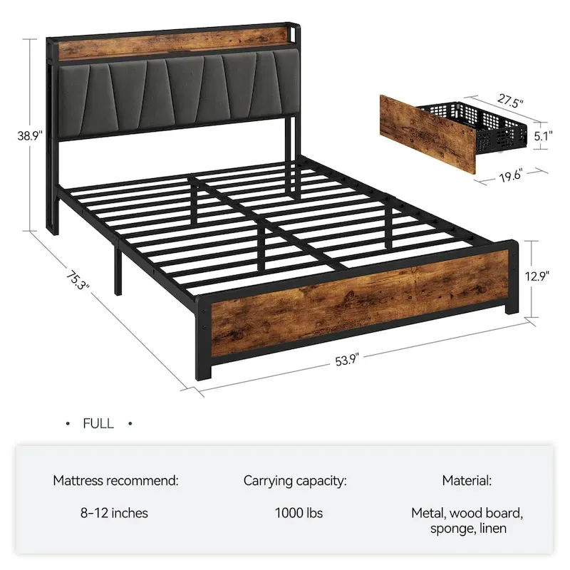 Bed Frame with 4 Storage Drawers and Linen Upholstered Headboard