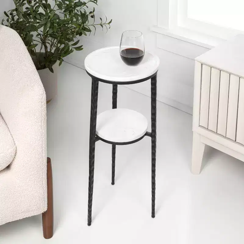 JONATHAN Y Seraphina 24.75 Industrial 2-Tier Metal Frame Drink Table & Decorative End Table with White Marble Round Top