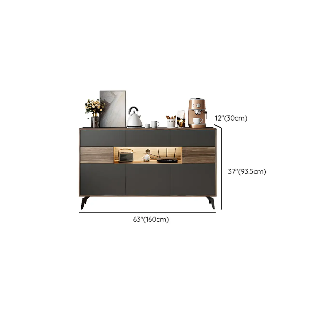 63 Black Wood Cabinet TV Stand with Open Shelving and Lights