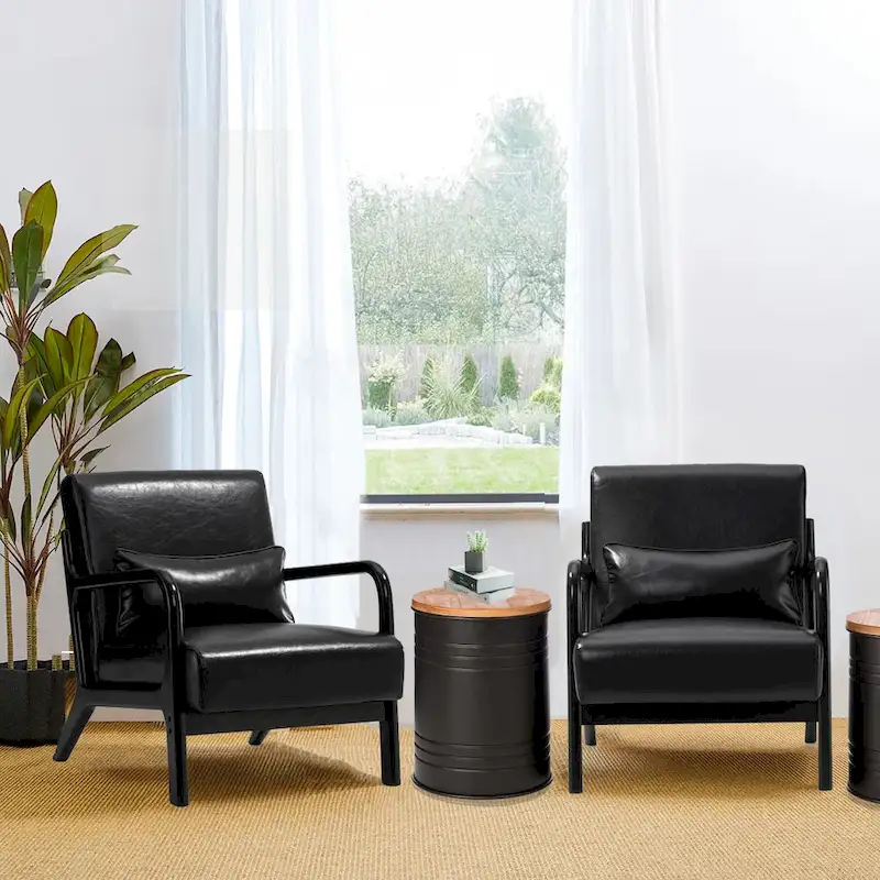 Glitzhome Set of 2 30.75H Mid-Century Modern PU Leather Accent Chairs with Cushion - 25.75W x 33.75D x 30.75H