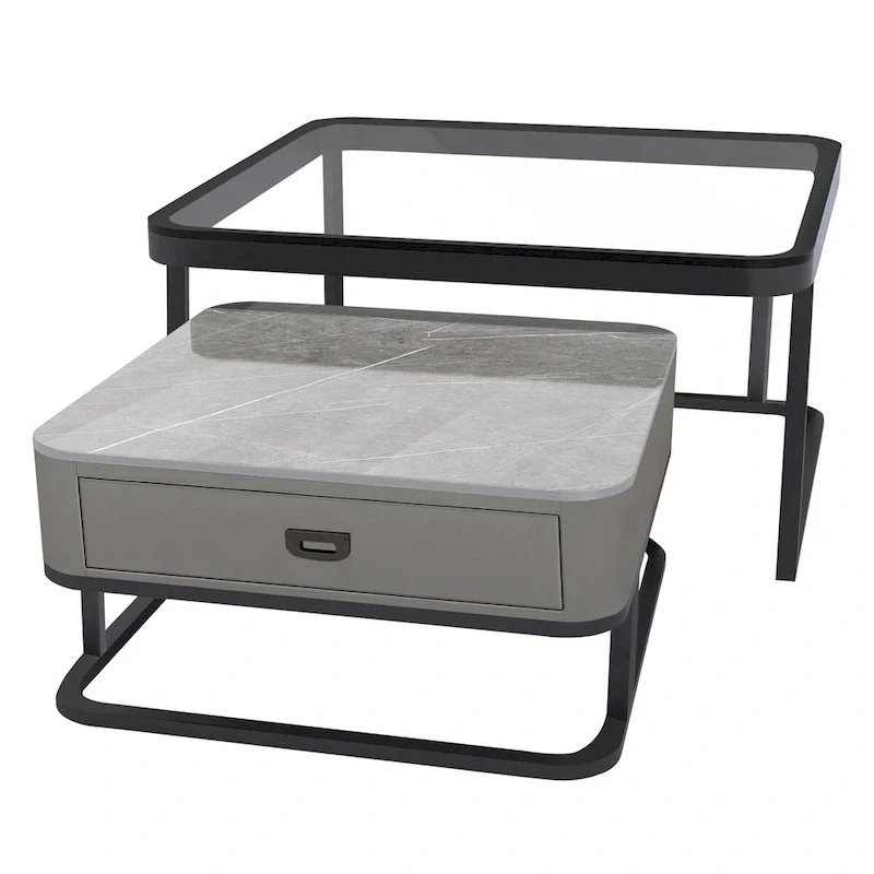 Modern Glass Waterproof Square Nesting Coffee Table with Drawer