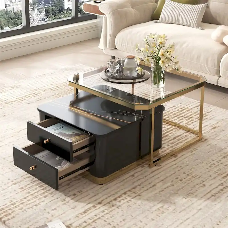 2 Pieces Nesting Coffee Table w/ Drawers & Electroplated Gold Legs