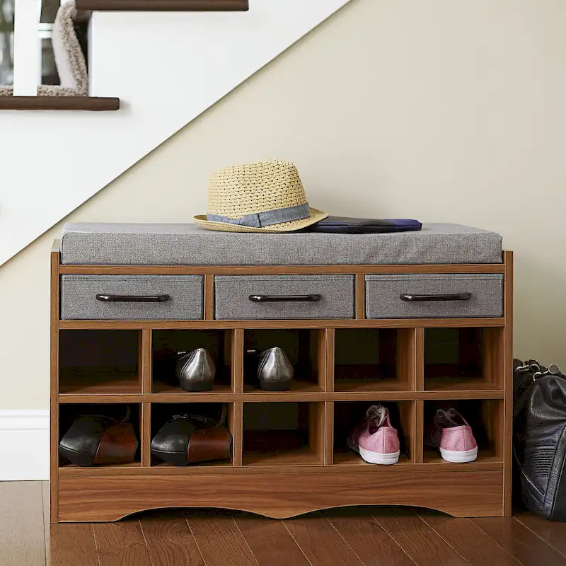 Household Essentials Storage Bench with 3 Drawers, 10 Shoe Compartments, and Cushioned Seat