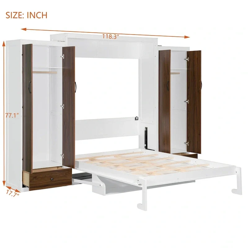 Queen Size Murphy Wall Bed with Wardrobe, Drawers and Fold-Down Desk