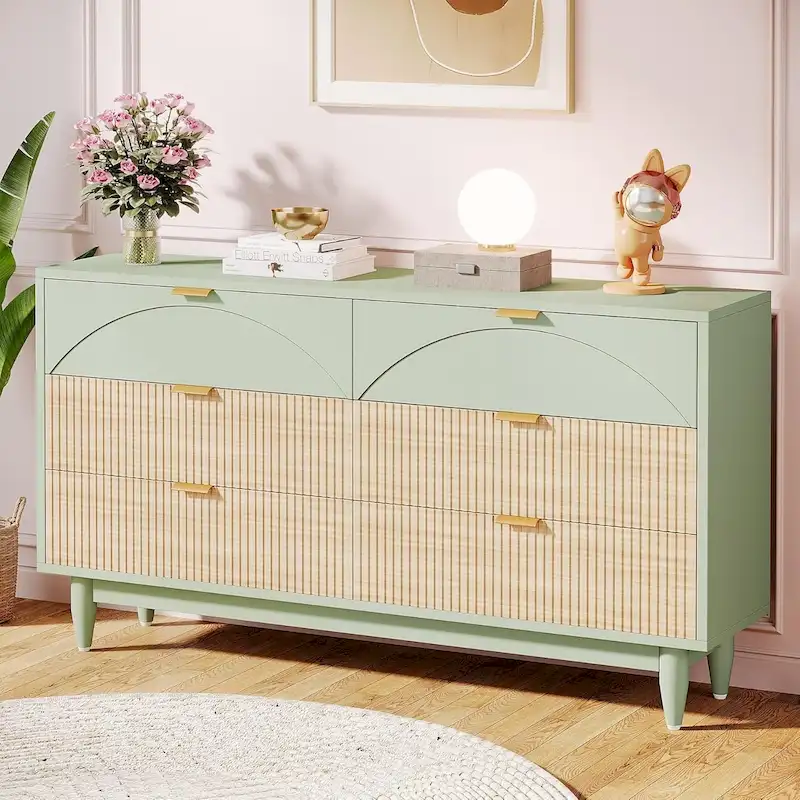 55 Inches Dresser for Bedroom, Green Long Double Dresser Organizer Wood Cabinet