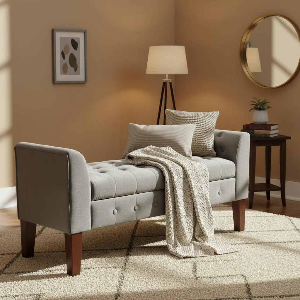 Velvet Upholstered Button Tufted Wooden Bench Settee With Hinged Storage, Gray and Brown