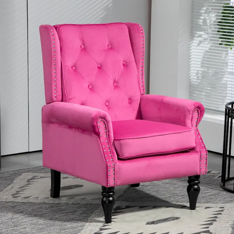 Mid-Century Velvet/Leather Upholstered Tufted Wood Frame Armchair