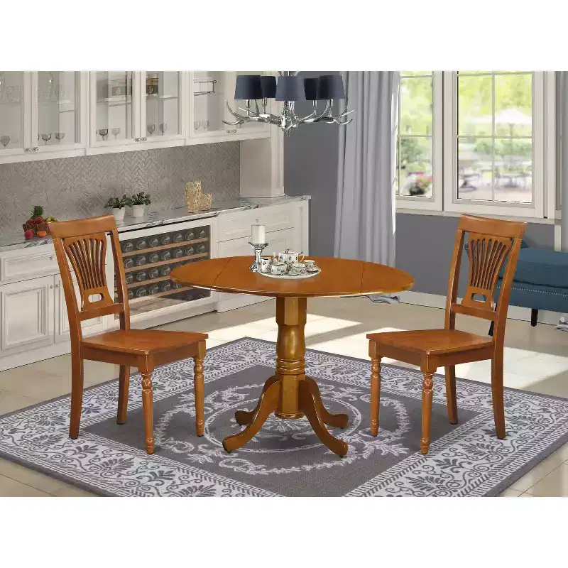 Round Drop-Leaf Dining Table Set with 2 Chairs, Saddle Brown, Seats 2