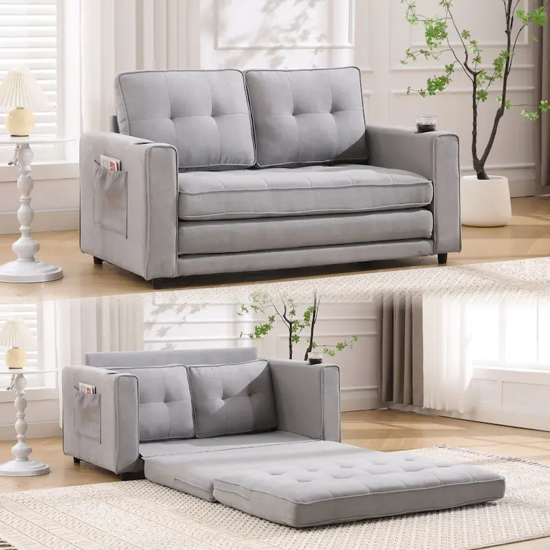 Oaks Aura Upholstered Futon Sofa with Pull-Out Sleeper Couch, Muticolour Choice Foldable Tufted Loveseat With Cup Holder