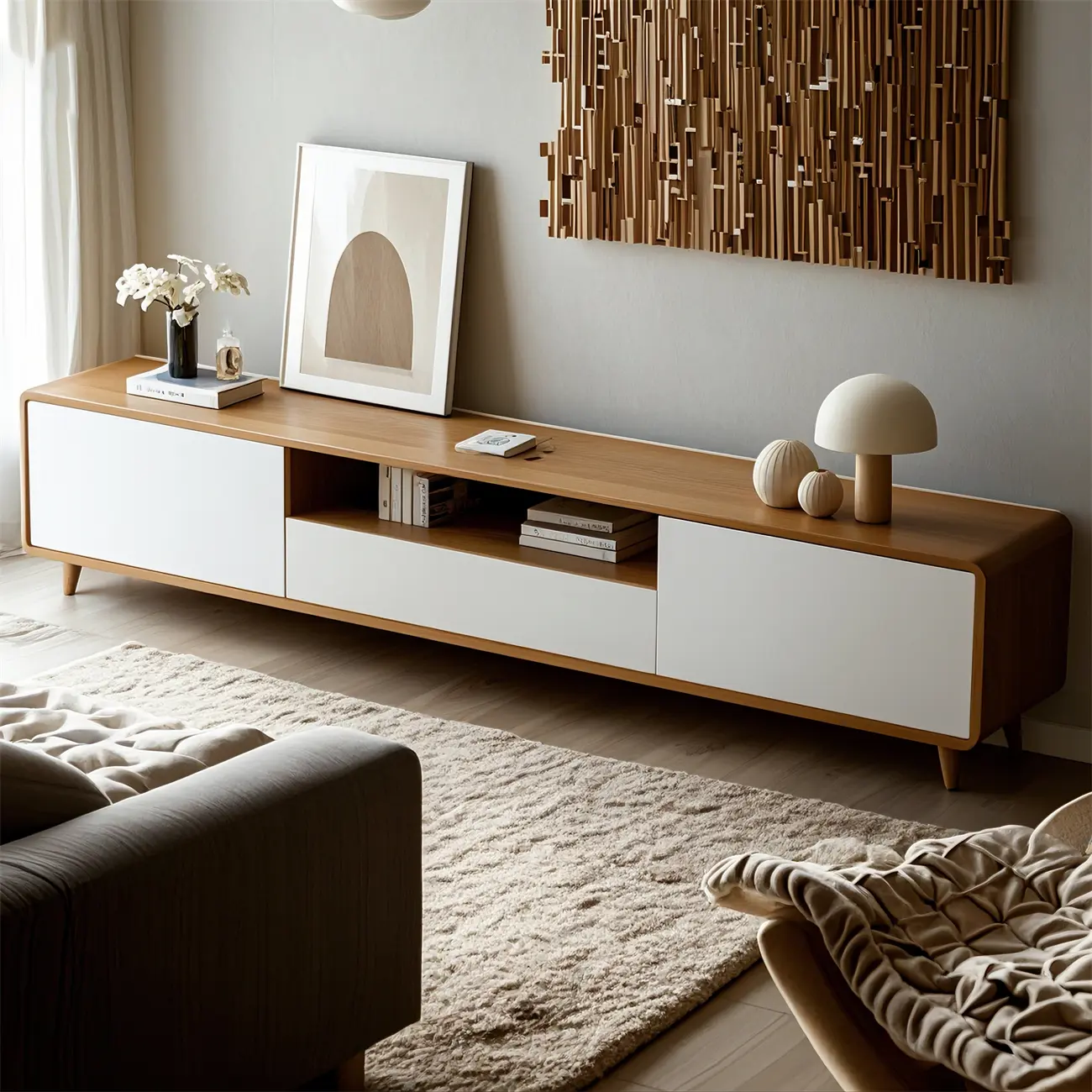 87 Natural White Wood Open Storage TV Stand with Drawers