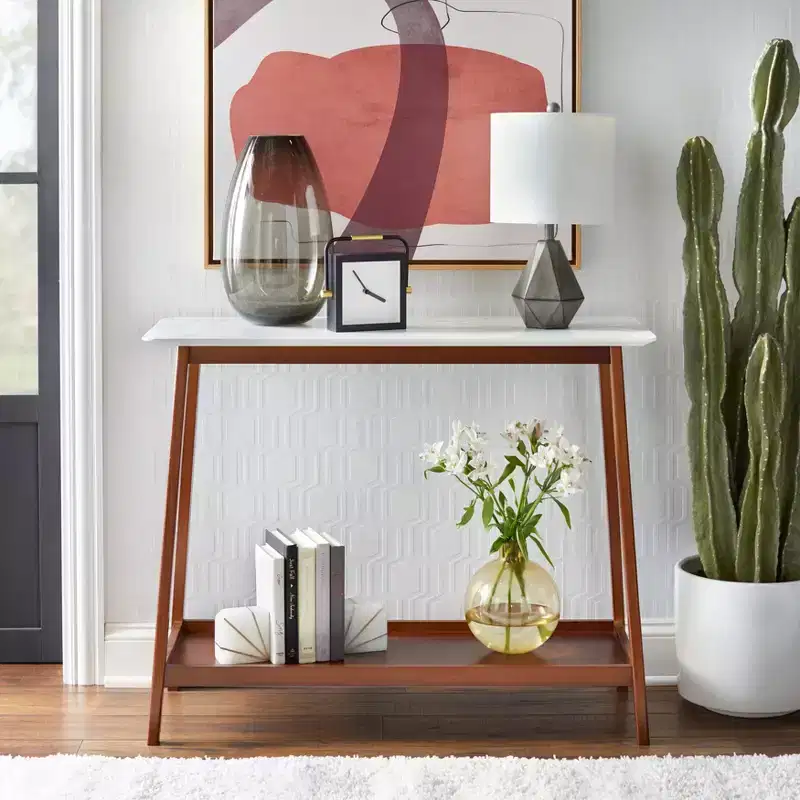 Buylateral Jhovies Console Table - Walnut: Faux Marble Top, Entryway, Hallway, Narrow Design