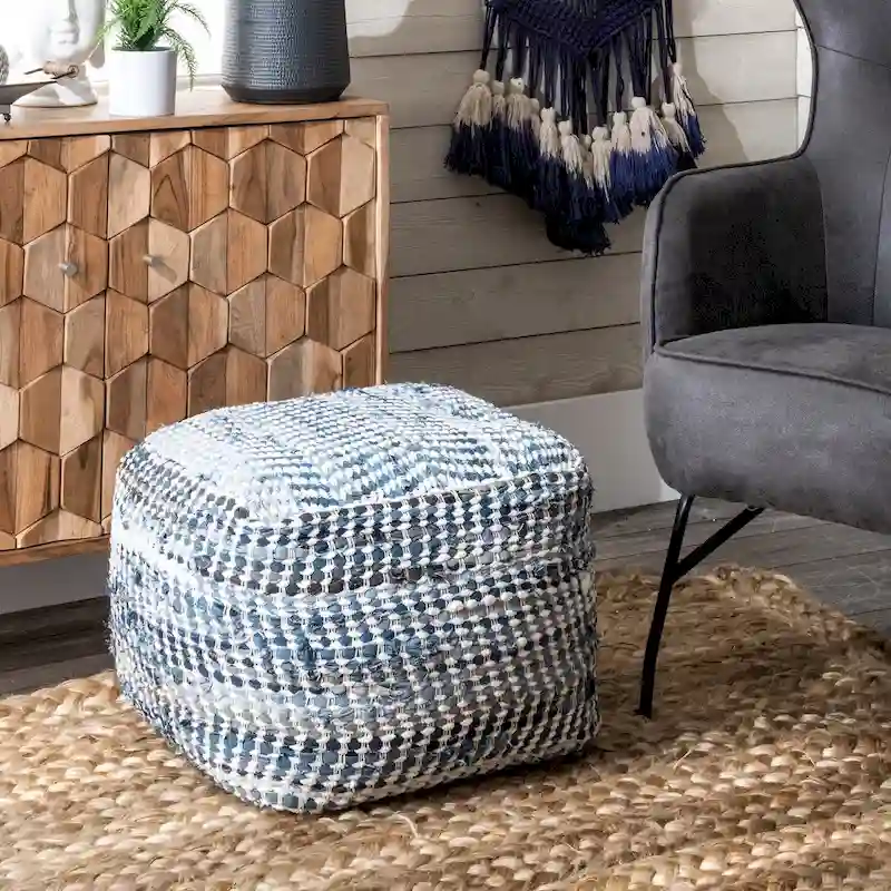 Nuloom Seville Handmade Denim Textured Ottoman Pouf