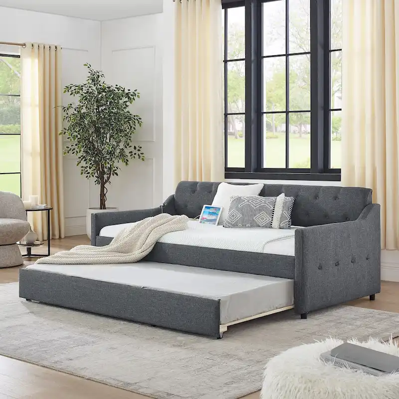 Twin Size Upholstery DayBed with Twin Size Erectable Trundle and USB Charging Design
