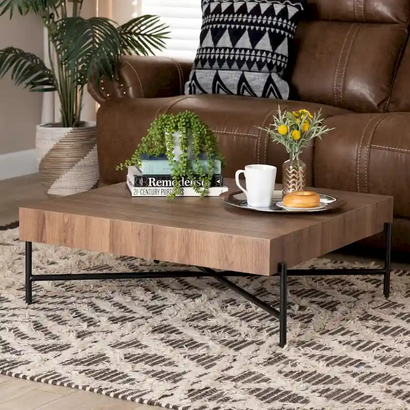 Savion Modern Industrial Walnut Brown Finished Wood and Black Metal Coffee Table