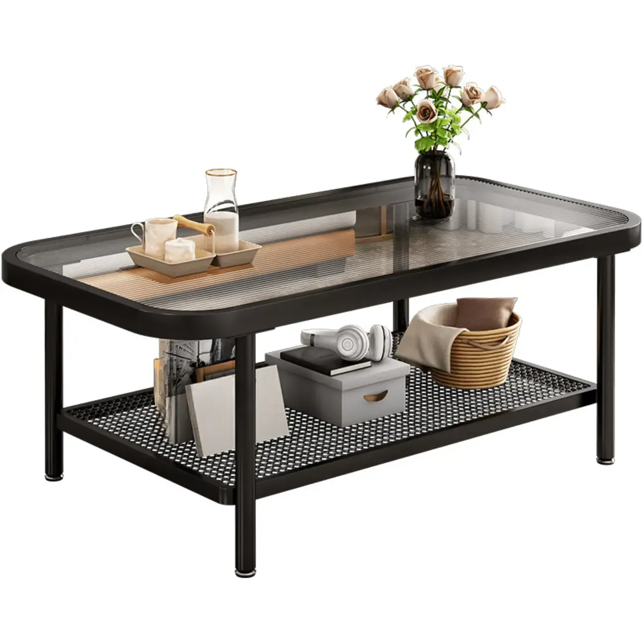 2-Tier Modern Cream Rectangle Glass Coffee Table