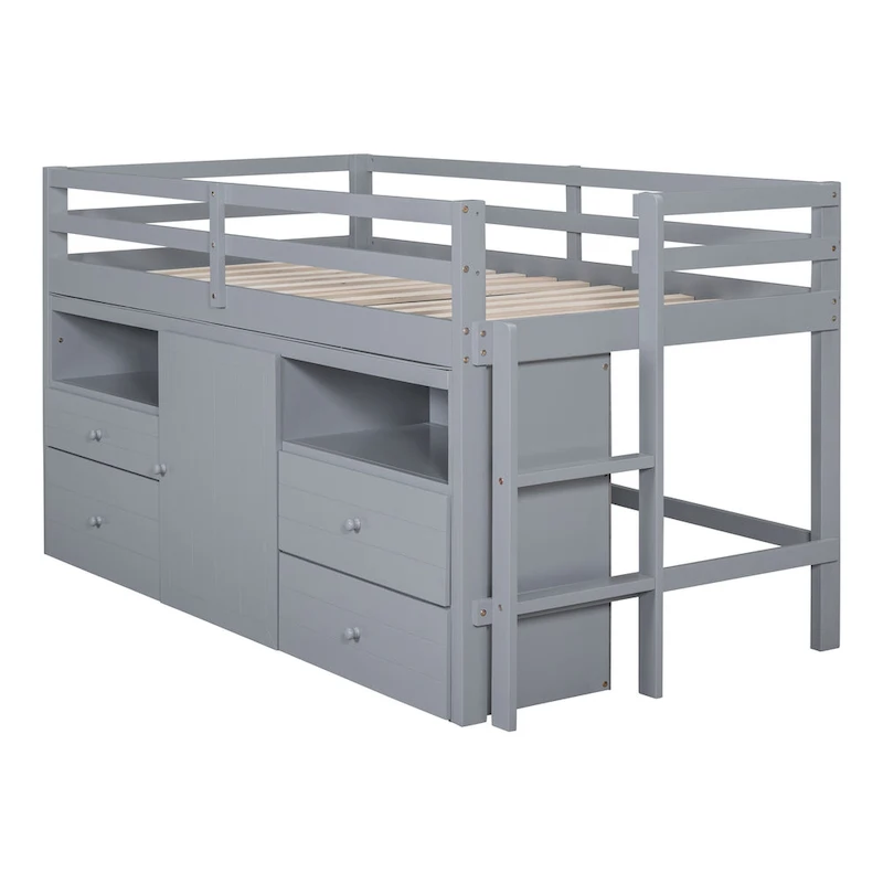 Gray Twin Solid Wood Loft Bed with Drawers & Cabinet