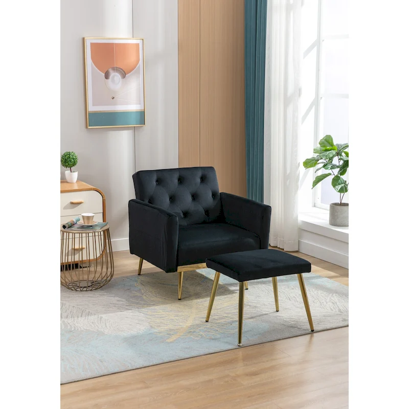 HOMEFUN Velvet Tufted Adjustable Armrests and Backrest Armchair with Ottoman