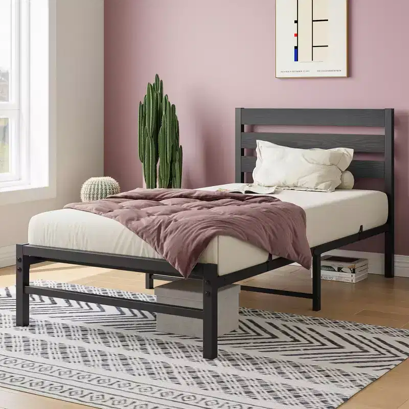 Black Metal Platform Bed Frame with Wood Headboard, Twin/Full/Queen, 1 Person