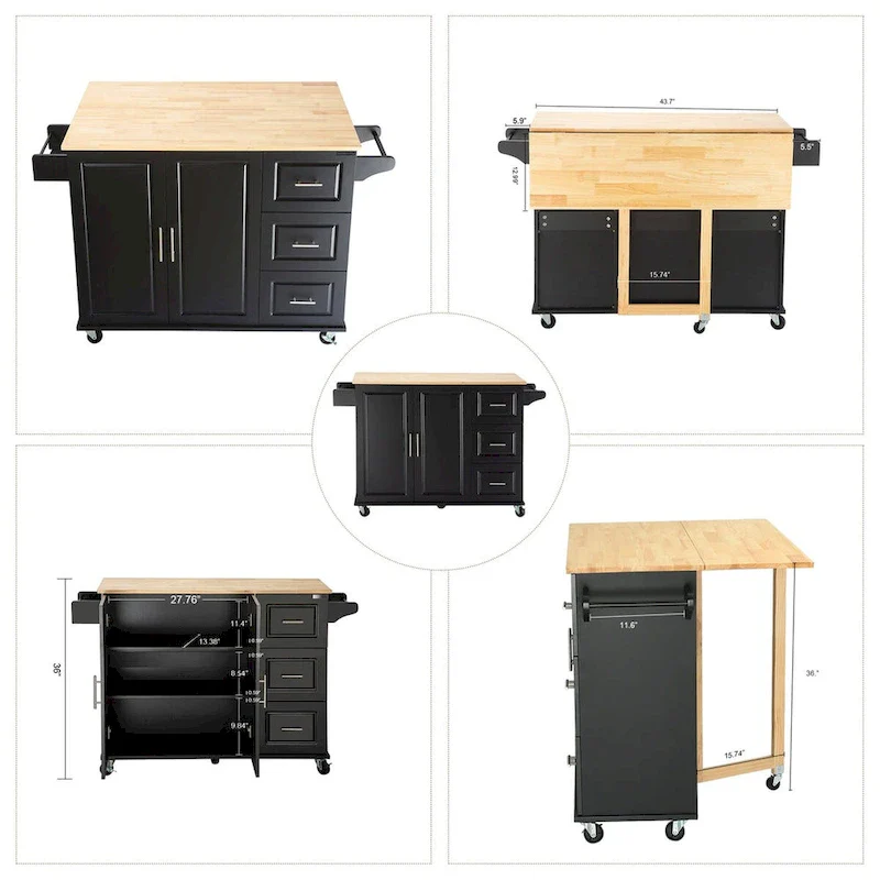 Mobile Kitchen Island & Kitchen Cart,With Extendable Rubber Wood Top and 3 Drawers - 53.93(L) x 17(W) x 36.22(H