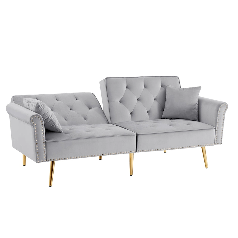 Velvet Tufted Sofa Couch with 2 Pillows and Nailhead Trim