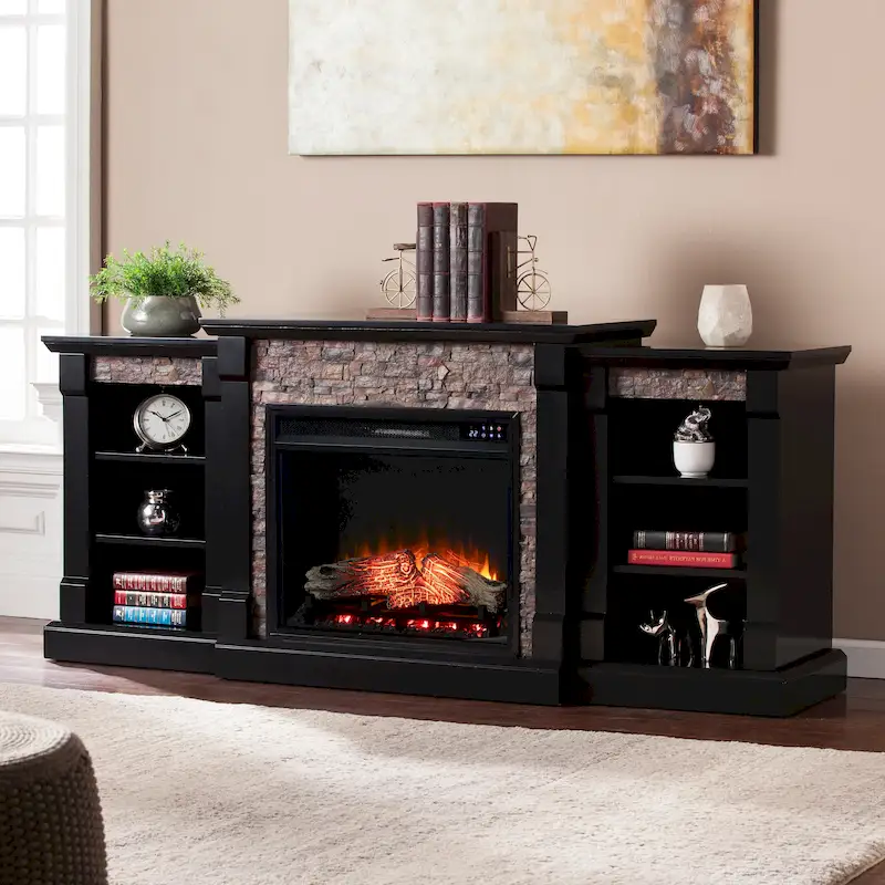 Hay River Black Electric Fireplace with Bookcases