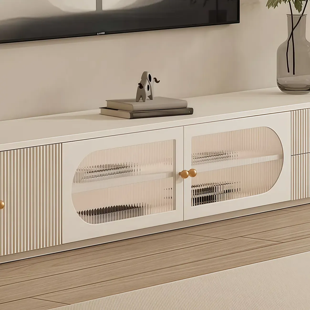 Long Modern White Wooden TV Stand with Drawers