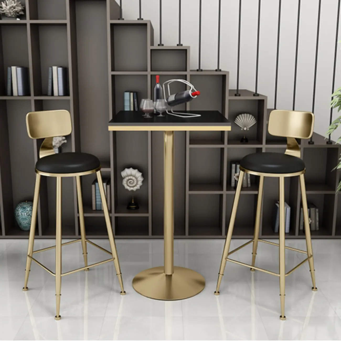 Small Round Golden Base Bar Table Stone Top 2 Seat