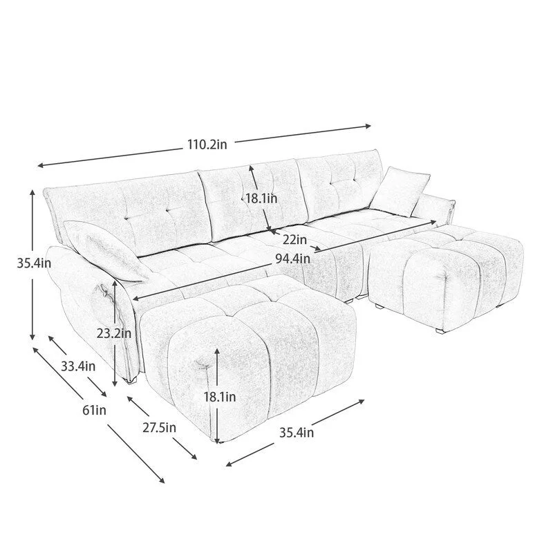 110.2  Chenille 3 Seater Upholstered Sofa, 2 Ottoman