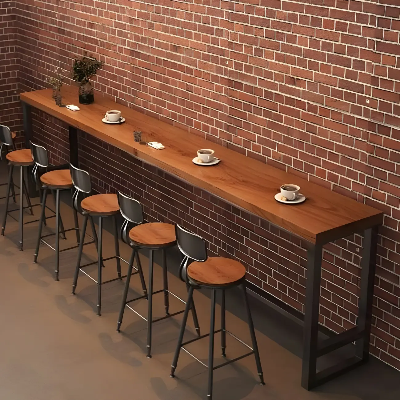 Industrial Brown Pine Wooden Metal Trestle Bar Tables